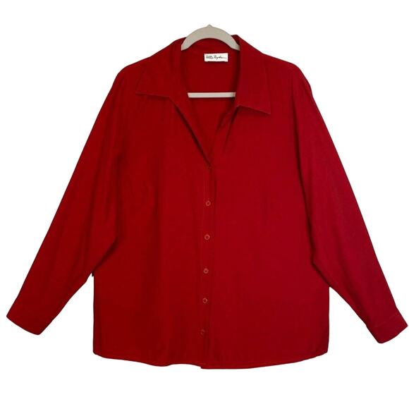 ULLA POPKEN Red V Neck Button Up Blouse Shirt Side Slits Sz 16/18 Career Casual - Picture 1 of 12